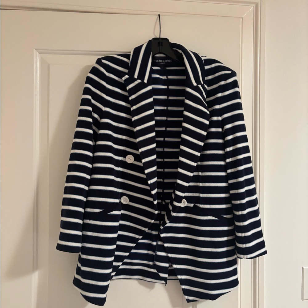 Veronica Beard Navy and White Striped Double-Breasted Blazer